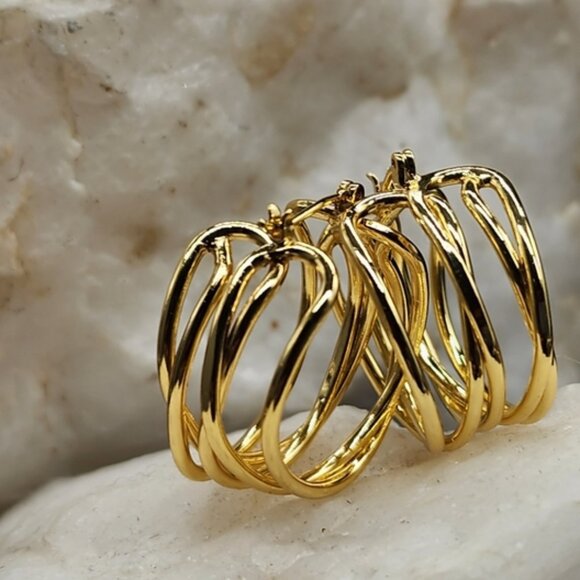 Rhodium/ 18 kt Gold Plated Hoops Earrings/Studs Contemporary Design - Picture 8 of 10